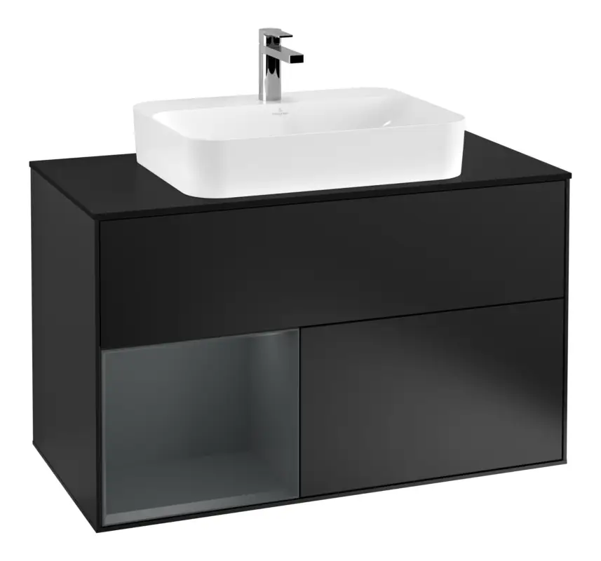 Geprüft Villeroy & Boch Finion Waschbeckenunterschrank für Aufsatzwaschbecken mittig Regal links für Finion / Memento 2.0 2 Auszüge mit Beleuchtung (3x LED) 1000 x 603 x 501 mm - Black Matt Lacquer / Midnight Blue Matt Lacquer / Glass Black Matt
