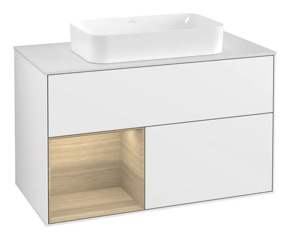Günstig Villeroy & Boch Finion Waschbeckenunterschrank für Becken mittig Regal links für Finion 2 Auszüge mit Beleuchtung (3x LED) mit Hahnloch 1000 x 603 x 501 mm - Glossy White Lacquer / Oak Veneer / Glass White Matt