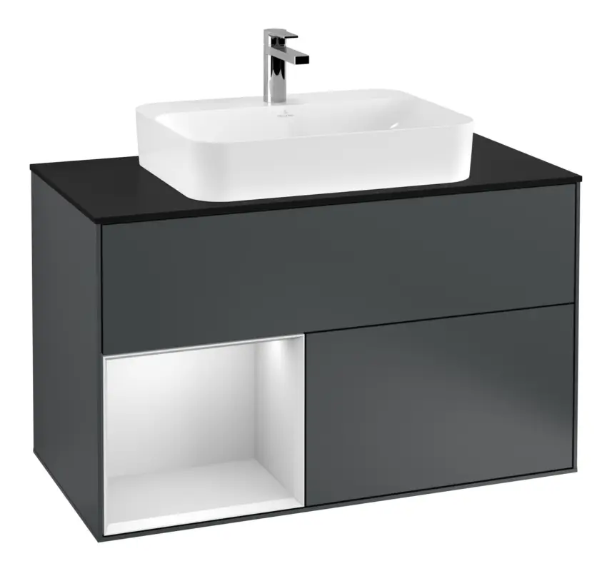 Ausverkauf Villeroy & Boch Finion Waschbeckenunterschrank für Aufsatzwaschbecken mittig Regal links für Finion / Memento 2.0 2 Auszüge mit Beleuchtung (3x LED) 1000 x 603 x 501 mm - Midnight Blue Matt Lacquer / White Matt Lacquer / Glass Black Matt