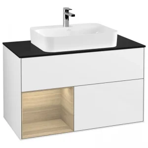 Aktuell Villeroy & Boch Finion Waschbeckenunterschrank für Aufsatzwaschbecken mittig Regal links für Finion / Memento 2.0 2 Auszüge mit Beleuchtung (3x LED) 1000 x 603 x 501 mm - Glossy White Lacquer / Oak Veneer / Glass Black Matt