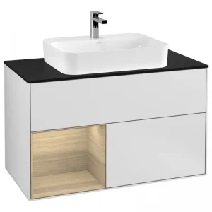 Aktuell Villeroy & Boch Finion Waschbeckenunterschrank für Aufsatzwaschbecken mittig Regal links für Finion / Memento 2.0 2 Auszüge mit Beleuchtung (3x LED) 1000 x 603 x 501 mm - White Matt Lacquer / Oak Veneer / Glass Black Matt