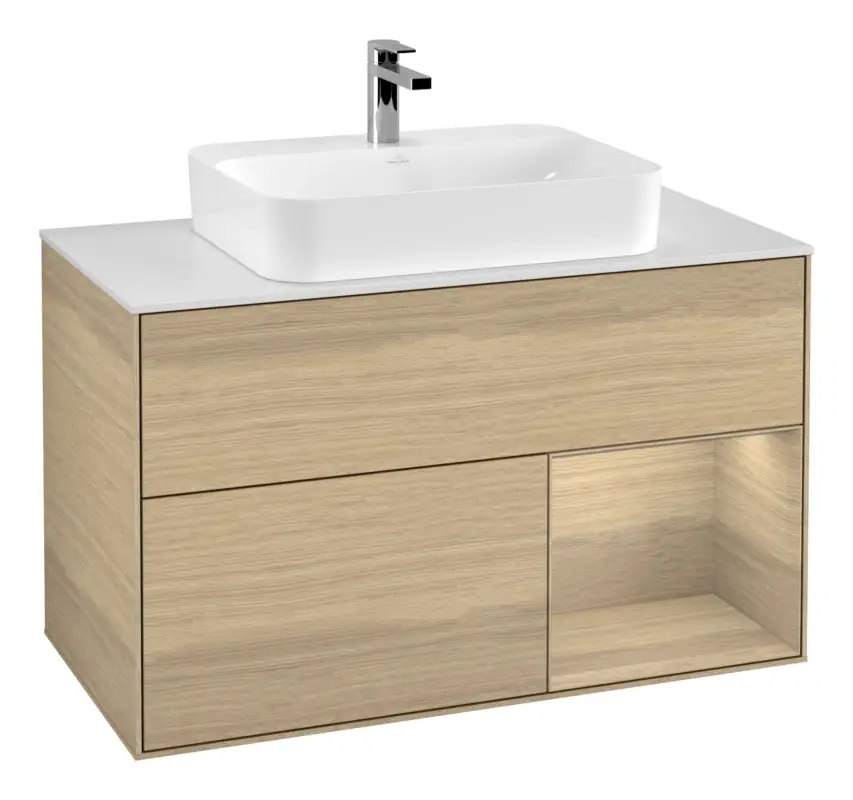 Top-Seller Villeroy & Boch Finion Waschbeckenunterschrank für Aufsatzwaschbecken mittig Regal rechts für Finion / Memento 2.0 2 Auszüge mit Beleuchtung (3x LED) 1000 x 603 x 501 mm - Oak Veneer / Glass White Matt