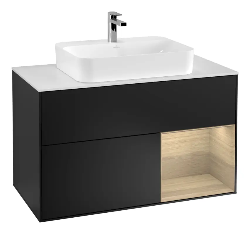 Top-Preis Villeroy & Boch Finion Waschbeckenunterschrank für Aufsatzwaschbecken mittig Regal rechts für Finion / Memento 2.0 2 Auszüge mit Beleuchtung (3x LED) 1000 x 603 x 501 mm - Black Matt Lacquer / Oak Veneer / Glass White Matt