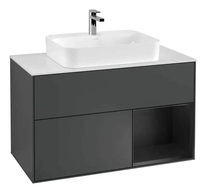 Villeroy & Boch Finion Waschbeckenunterschrank für Aufsatzwaschbecken mittig Regal rechts für Finion / Memento 2.0 2 Auszüge mit Beleuchtung (3x LED) 1000 x 603 x 501 mm - Midnight Blue Matt Lacquer / Black Matt Lacquer / Glass White Matt Sichere Zahlung