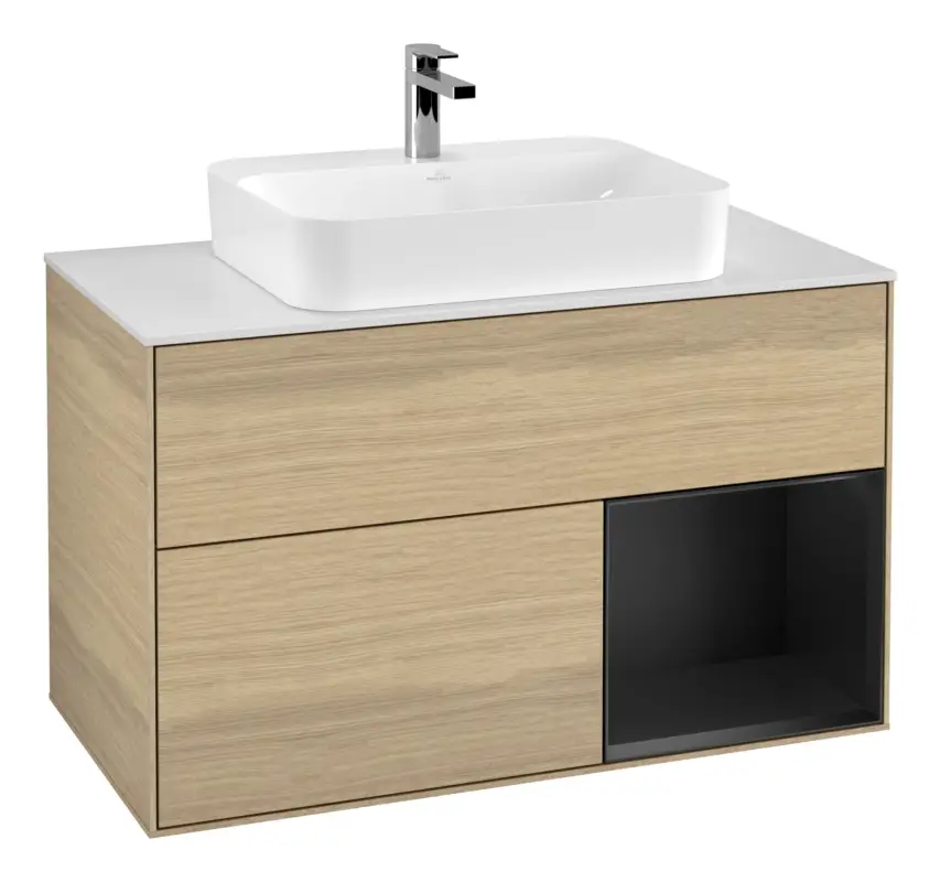 Villeroy & Boch Finion Waschbeckenunterschrank für Aufsatzwaschbecken mittig Regal rechts für Finion / Memento 2.0 2 Auszüge mit Beleuchtung (3x LED) 1000 x 603 x 501 mm - Oak Veneer / Black Matt Lacquer / Glass White Matt Rabatt