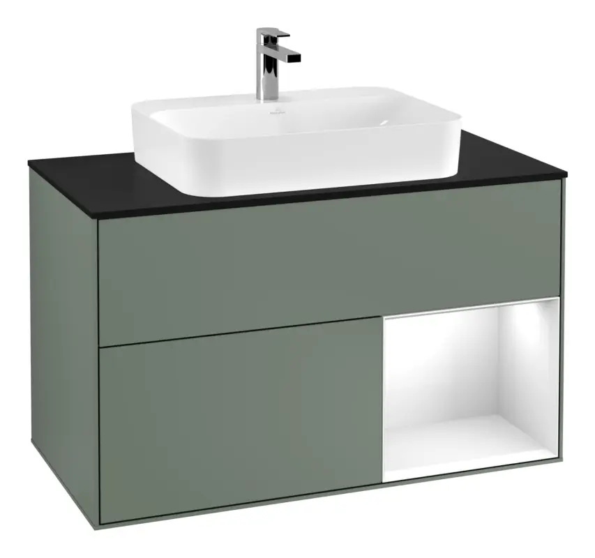 Jetzt Kaufen Villeroy & Boch Finion Waschbeckenunterschrank für Aufsatzwaschbecken mittig Regal rechts für Finion / Memento 2.0 2 Auszüge mit Beleuchtung (3x LED) 1000 x 603 x 501 mm - Olive Matt Lacquer / Glossy White Lacquer / Glass Black Matt