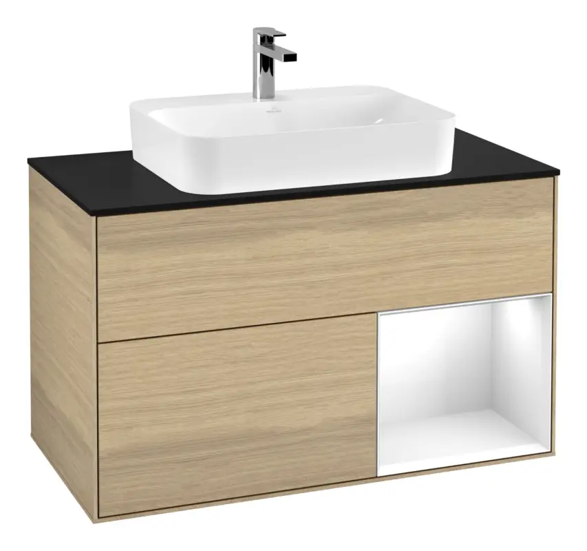 Online Kaufen Villeroy & Boch Finion Waschbeckenunterschrank für Aufsatzwaschbecken mittig Regal rechts für Finion / Memento 2.0 2 Auszüge mit Beleuchtung (3x LED) 1000 x 603 x 501 mm - Oak Veneer / Glossy White Lacquer / Glass Black Matt