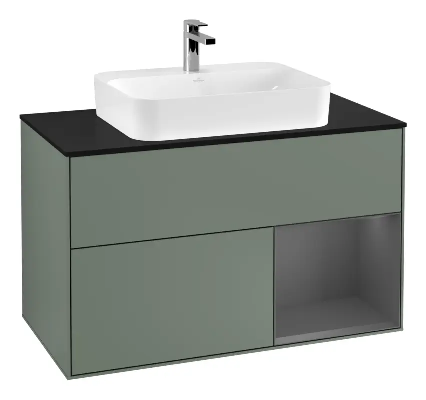 Villeroy & Boch Finion Waschbeckenunterschrank für Aufsatzwaschbecken mittig Regal rechts für Finion / Memento 2.0 2 Auszüge mit Beleuchtung (3x LED) 1000 x 603 x 501 mm - Olive Matt Lacquer / Anthracite Matt Lacquer / Glass Black Matt Sonderangebot