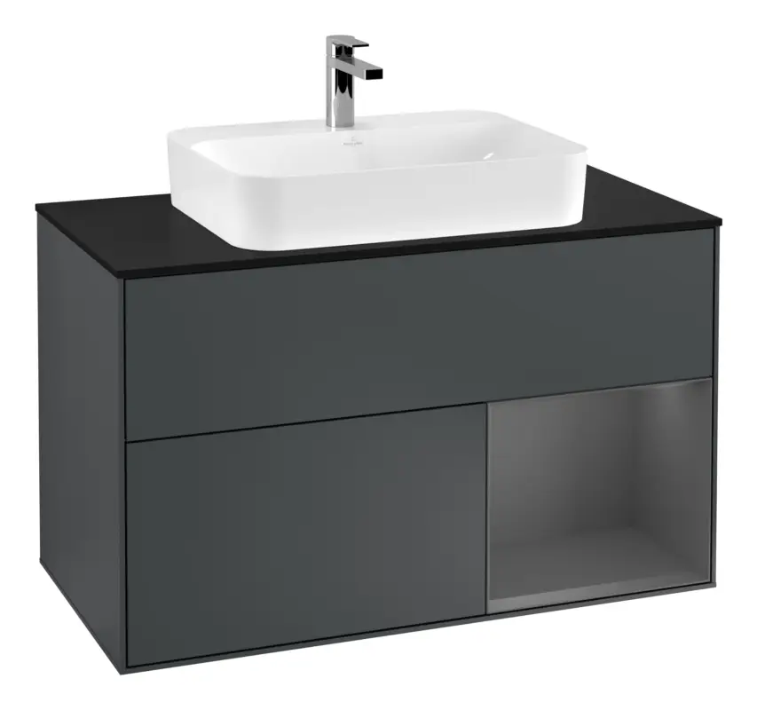 Jetzt Bestellen Villeroy & Boch Finion Waschbeckenunterschrank für Aufsatzwaschbecken mittig Regal rechts für Finion / Memento 2.0 2 Auszüge mit Beleuchtung (3x LED) 1000 x 603 x 501 mm - Midnight Blue Matt Lacquer / Anthracite Matt Lacquer / Glass Black Matt