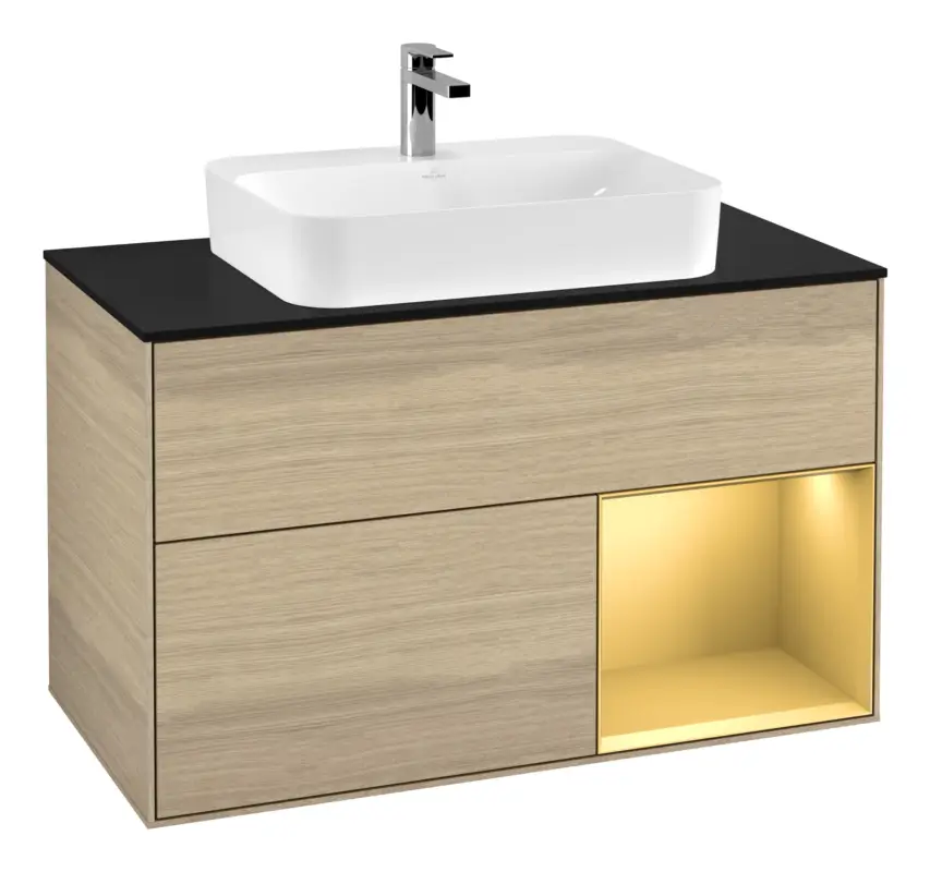 Jetzt Bestellen Villeroy & Boch Finion Waschbeckenunterschrank für Aufsatzwaschbecken mittig Regal rechts für Finion / Memento 2.0 2 Auszüge mit Beleuchtung (3x LED) 1000 x 603 x 501 mm - Oak Veneer / Gold Matt Lacquer / Glass Black Matt