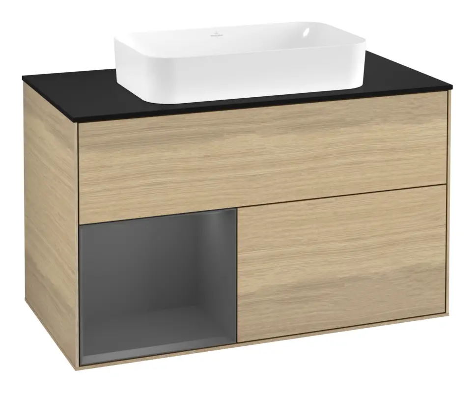 Villeroy & Boch Finion Waschbeckenunterschrank für Becken mittig Regal links für Finion 2 Auszüge mit Beleuchtung (3x LED) mit Hahnloch 1000 x 603 x 501 mm - Oak Veneer / Anthracite Matt Lacquer / Glass Black Matt Bestpreis
