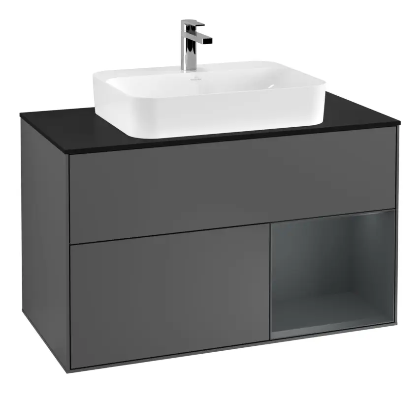 Zertifiziert Villeroy & Boch Finion Waschbeckenunterschrank für Aufsatzwaschbecken mittig Regal rechts für Finion / Memento 2.0 2 Auszüge mit Beleuchtung (3x LED) 1000 x 603 x 501 mm - Anthracite Matt Lacquer / Midnight Blue Matt Lacquer / Glass Black Matt