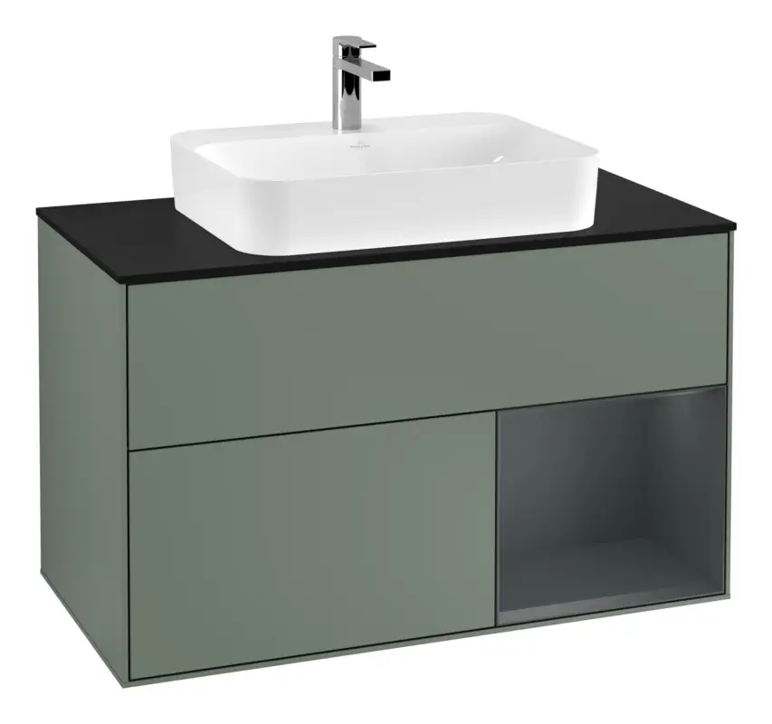 Villeroy & Boch Finion Waschbeckenunterschrank für Aufsatzwaschbecken mittig Regal rechts für Finion / Memento 2.0 2 Auszüge mit Beleuchtung (3x LED) 1000 x 603 x 501 mm - Olive Matt Lacquer / Midnight Blue Matt Lacquer / Glass Black Matt Knallerangebot