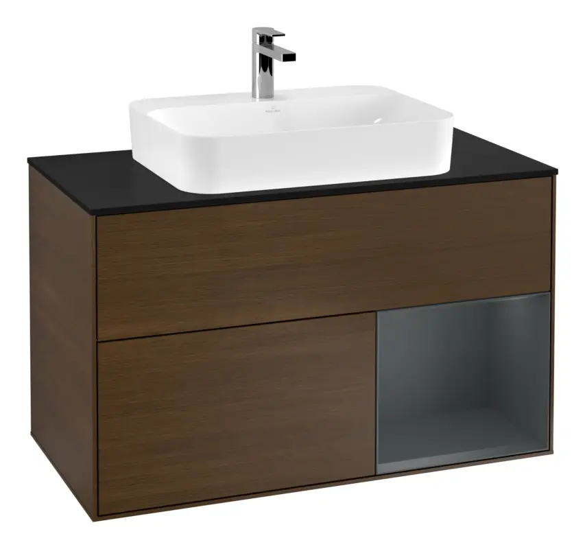 Heißes Angebot Villeroy & Boch Finion Waschbeckenunterschrank für Aufsatzwaschbecken mittig Regal rechts für Finion / Memento 2.0 2 Auszüge mit Beleuchtung (3x LED) 1000 x 603 x 501 mm - Walnut Veneer / Midnight Blue Matt Lacquer / Glass Black Matt