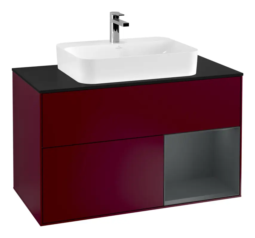 Villeroy & Boch Finion Waschbeckenunterschrank für Aufsatzwaschbecken mittig Regal rechts für Finion / Memento 2.0 2 Auszüge mit Beleuchtung (3x LED) 1000 x 603 x 501 mm - Peony Matt Lacquer / Midnight Blue Matt Lacquer / Glass Black Matt Begrenztes Angebot
