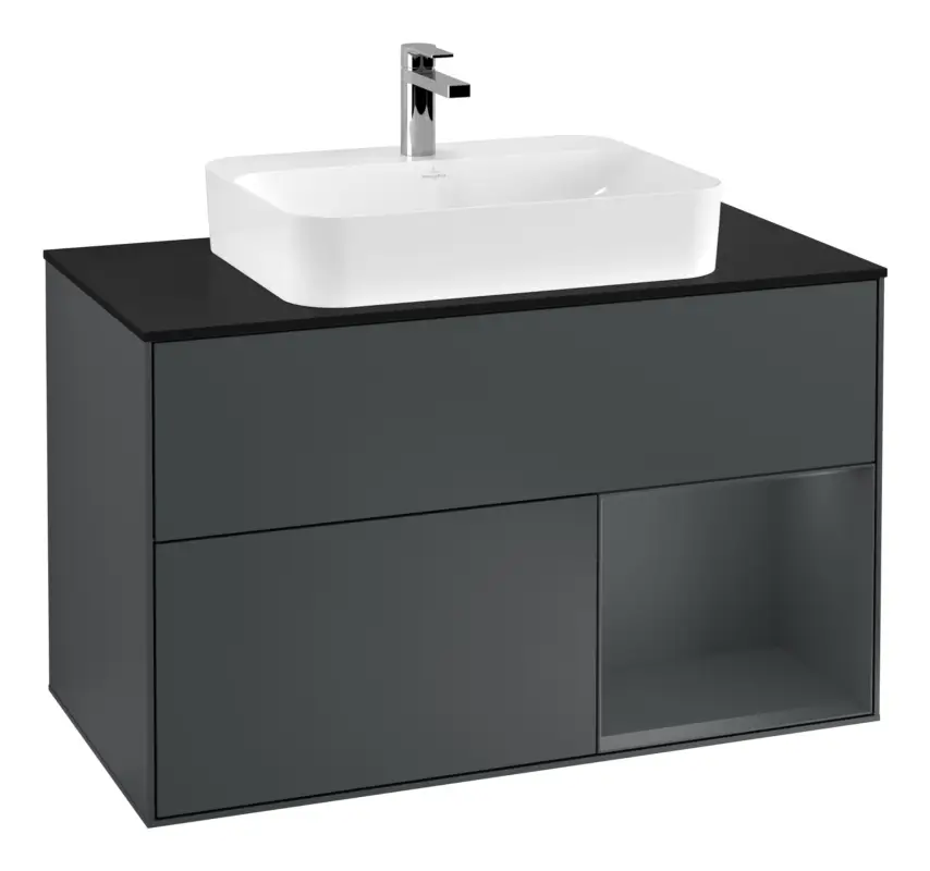 Villeroy & Boch Finion Waschbeckenunterschrank für Aufsatzwaschbecken mittig Regal rechts für Finion / Memento 2.0 2 Auszüge mit Beleuchtung (3x LED) 1000 x 603 x 501 mm - Midnight Blue Matt Lacquer / Glass Black Matt Letzte Chance