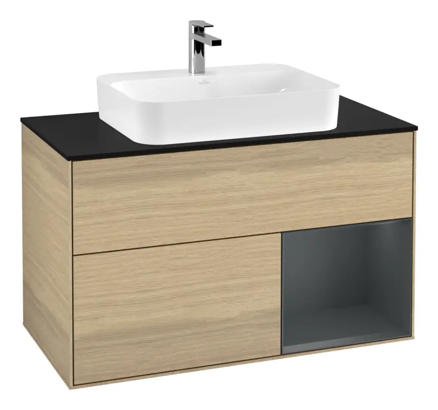 Sofort Bestellen Villeroy & Boch Finion Waschbeckenunterschrank für Aufsatzwaschbecken mittig Regal rechts für Finion / Memento 2.0 2 Auszüge mit Beleuchtung (3x LED) 1000 x 603 x 501 mm - Oak Veneer / Midnight Blue Matt Lacquer / Glass Black Matt