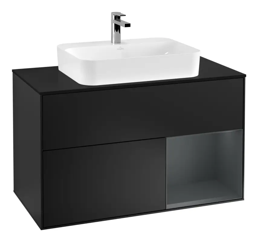 Villeroy & Boch Finion Waschbeckenunterschrank für Aufsatzwaschbecken mittig Regal rechts für Finion / Memento 2.0 2 Auszüge mit Beleuchtung (3x LED) 1000 x 603 x 501 mm - Black Matt Lacquer / Midnight Blue Matt Lacquer / Glass Black Matt Top-Angebot