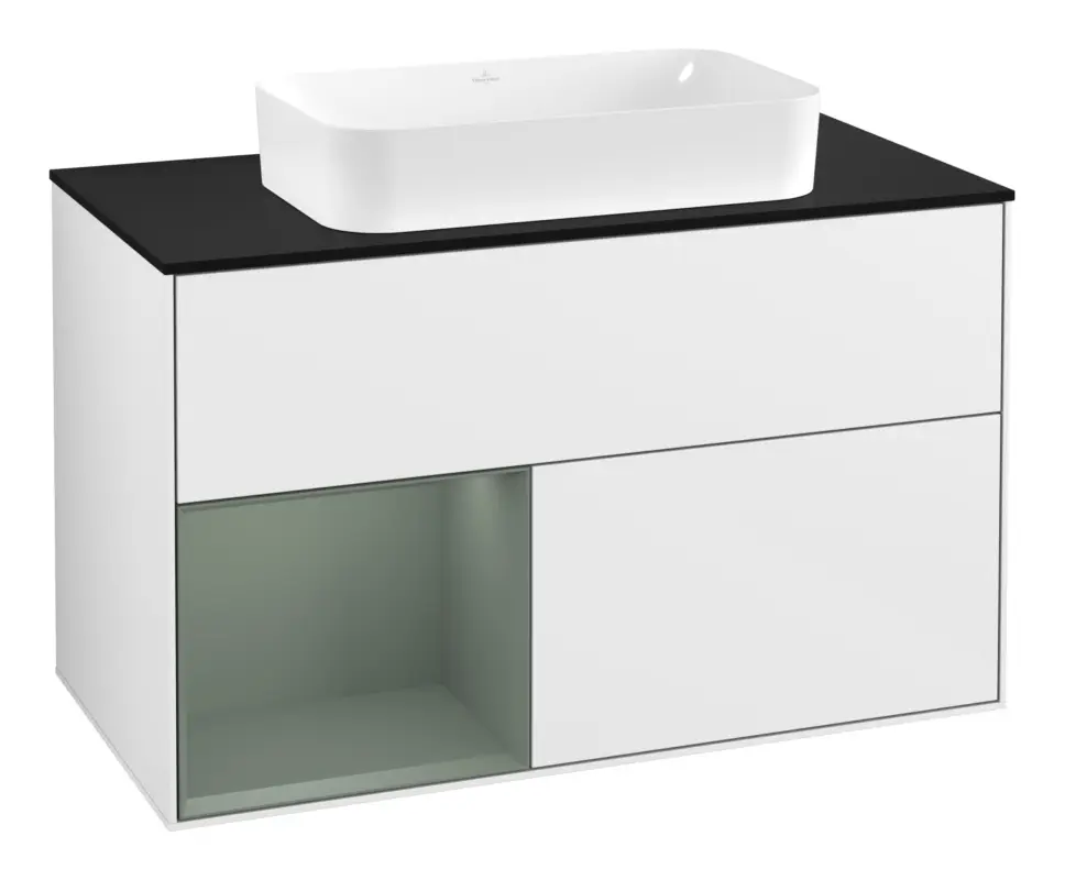 Villeroy & Boch Finion Waschbeckenunterschrank für Becken mittig Regal links für Finion 2 Auszüge mit Beleuchtung (3x LED) mit Hahnloch 1000 x 603 x 501 mm - Glossy White Lacquer / Olive Matt Lacquer / Glass Black Matt Schneller Versand