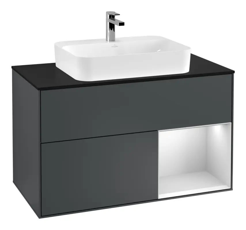 Top-Angebot Villeroy & Boch Finion Waschbeckenunterschrank für Aufsatzwaschbecken mittig Regal rechts für Finion / Memento 2.0 2 Auszüge mit Beleuchtung (3x LED) 1000 x 603 x 501 mm - Midnight Blue Matt Lacquer / White Matt Lacquer / Glass Black Matt