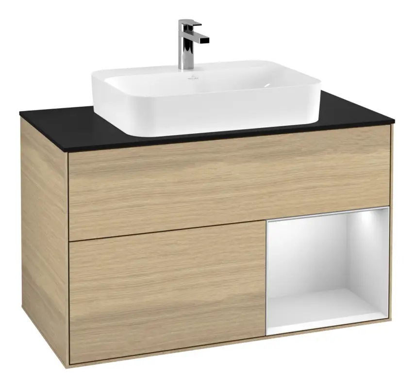 Letzte Chance Villeroy & Boch Finion Waschbeckenunterschrank für Aufsatzwaschbecken mittig Regal rechts für Finion / Memento 2.0 2 Auszüge mit Beleuchtung (3x LED) 1000 x 603 x 501 mm - Oak Veneer / White Matt Lacquer / Glass Black Matt