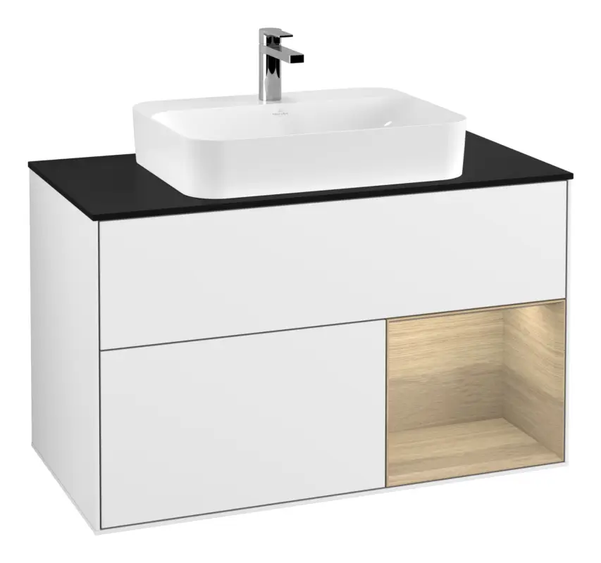 Villeroy & Boch Finion Waschbeckenunterschrank für Aufsatzwaschbecken mittig Regal rechts für Finion / Memento 2.0 2 Auszüge mit Beleuchtung (3x LED) 1000 x 603 x 501 mm - Glossy White Lacquer / Oak Veneer / Glass Black Matt Knallerangebot