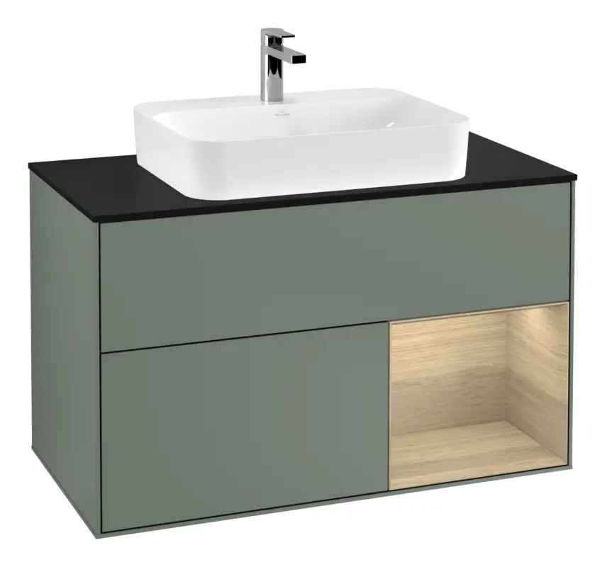 Villeroy & Boch Finion Waschbeckenunterschrank für Aufsatzwaschbecken mittig Regal rechts für Finion / Memento 2.0 2 Auszüge mit Beleuchtung (3x LED) 1000 x 603 x 501 mm - Olive Matt Lacquer / Oak Veneer / Glass Black Matt Bestpreis