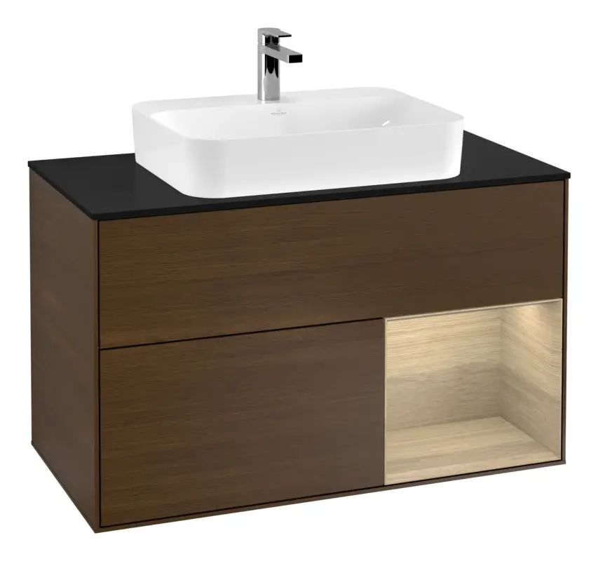 Versand Am Gleichen Tag Villeroy & Boch Finion Waschbeckenunterschrank für Aufsatzwaschbecken mittig Regal rechts für Finion / Memento 2.0 2 Auszüge mit Beleuchtung (3x LED) 1000 x 603 x 501 mm - Walnut Veneer / Oak Veneer / Glass Black Matt