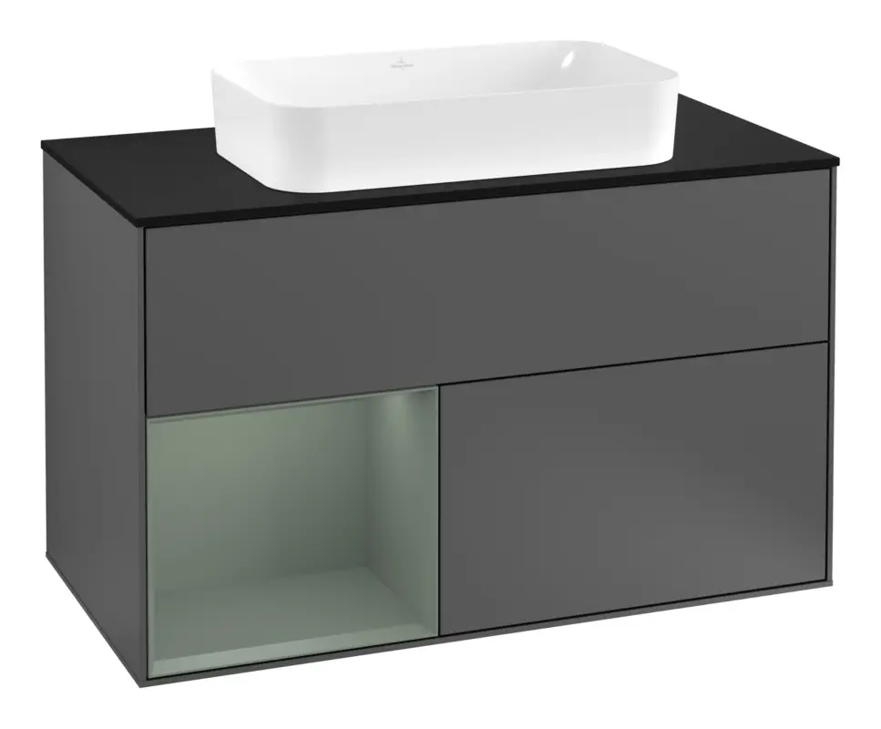 Villeroy & Boch Finion Waschbeckenunterschrank für Becken mittig Regal links für Finion 2 Auszüge mit Beleuchtung (3x LED) mit Hahnloch 1000 x 603 x 501 mm - Anthracite Matt Lacquer / Olive Matt Lacquer / Glass Black Matt Preis Gesenkt