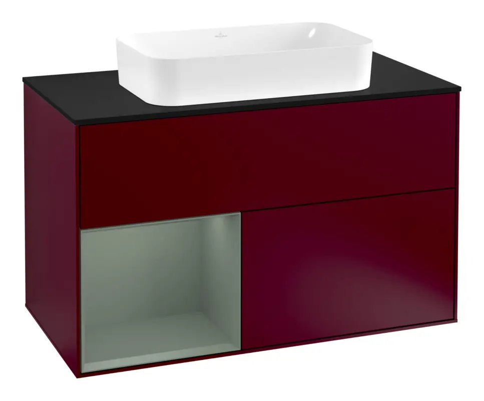 Meistverkauft Villeroy & Boch Finion Waschbeckenunterschrank für Becken mittig Regal links für Finion 2 Auszüge mit Beleuchtung (3x LED) mit Hahnloch 1000 x 603 x 501 mm - Peony Matt Lacquer / Olive Matt Lacquer / Glass Black Matt