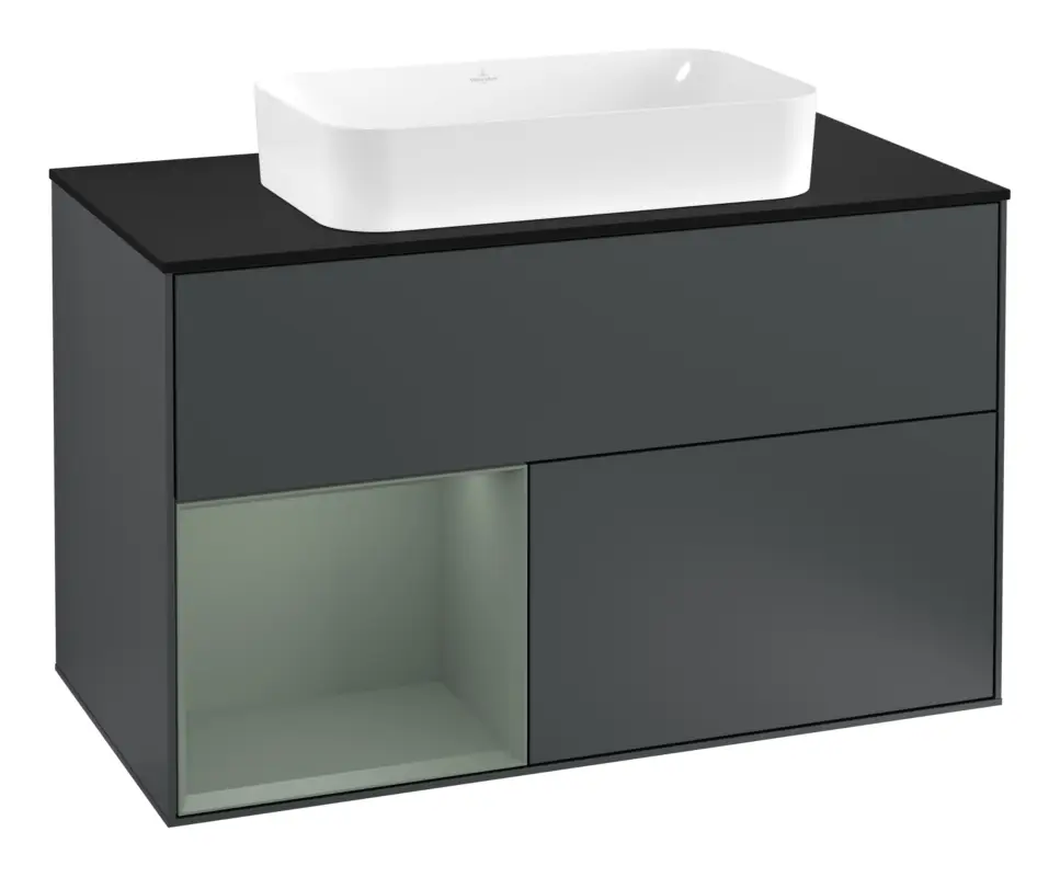Solange Der Vorrat Reicht Villeroy & Boch Finion Waschbeckenunterschrank für Becken mittig Regal links für Finion 2 Auszüge mit Beleuchtung (3x LED) mit Hahnloch 1000 x 603 x 501 mm - Midnight Blue Matt Lacquer / Olive Matt Lacquer / Glass Black Matt
