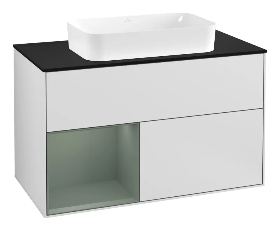 Heißes Angebot Villeroy & Boch Finion Waschbeckenunterschrank für Becken mittig Regal links für Finion 2 Auszüge mit Beleuchtung (3x LED) mit Hahnloch 1000 x 603 x 501 mm - White Matt Lacquer / Olive Matt Lacquer / Glass Black Matt