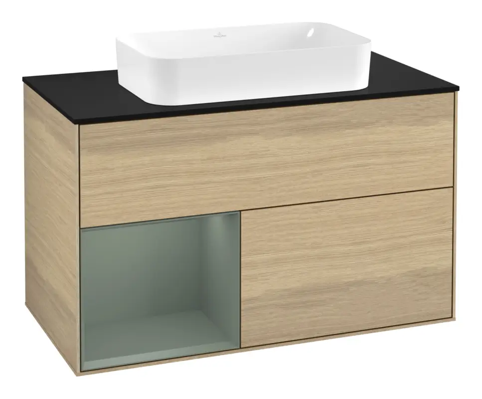 Villeroy & Boch Finion Waschbeckenunterschrank für Becken mittig Regal links für Finion 2 Auszüge mit Beleuchtung (3x LED) mit Hahnloch 1000 x 603 x 501 mm - Oak Veneer / Olive Matt Lacquer / Glass Black Matt Aktuell