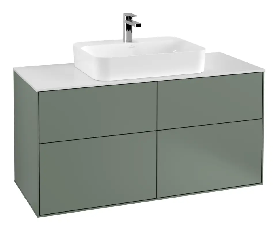 Zertifiziert Villeroy & Boch Finion Waschbeckenunterschrank für Becken mittig ohne Regal für Finion / Memento 2.0 4 Auszüge mit Beleuchtung (2x LED) ohne Hahnloch 1200 x 603 x 501 mm - Olive Matt Lacquer / Glass White Matt
