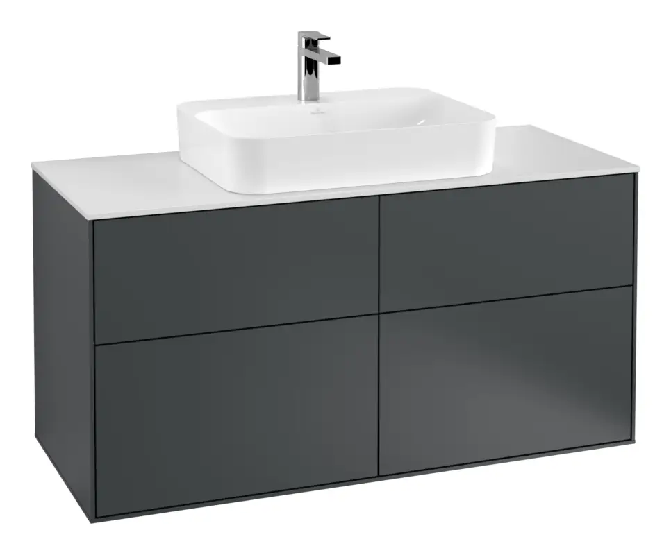 Villeroy & Boch Finion Waschbeckenunterschrank für Becken mittig ohne Regal für Finion / Memento 2.0 4 Auszüge mit Beleuchtung (2x LED) ohne Hahnloch 1200 x 603 x 501 mm - Midnight Blue Matt Lacquer / Glass White Matt Solange Der Vorrat Reicht