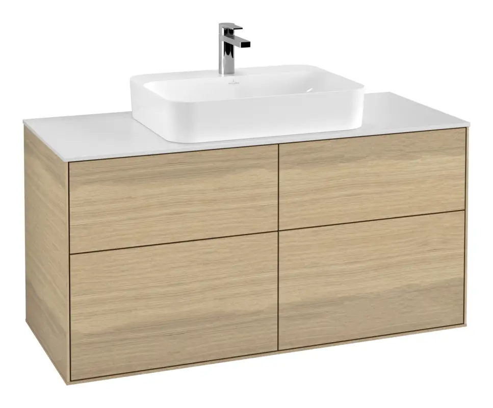 Villeroy & Boch Finion Waschbeckenunterschrank für Becken mittig ohne Regal für Finion / Memento 2.0 4 Auszüge mit Beleuchtung (2x LED) ohne Hahnloch 1200 x 603 x 501 mm - Oak Veneer / Glass White Matt Neu Im Sortiment