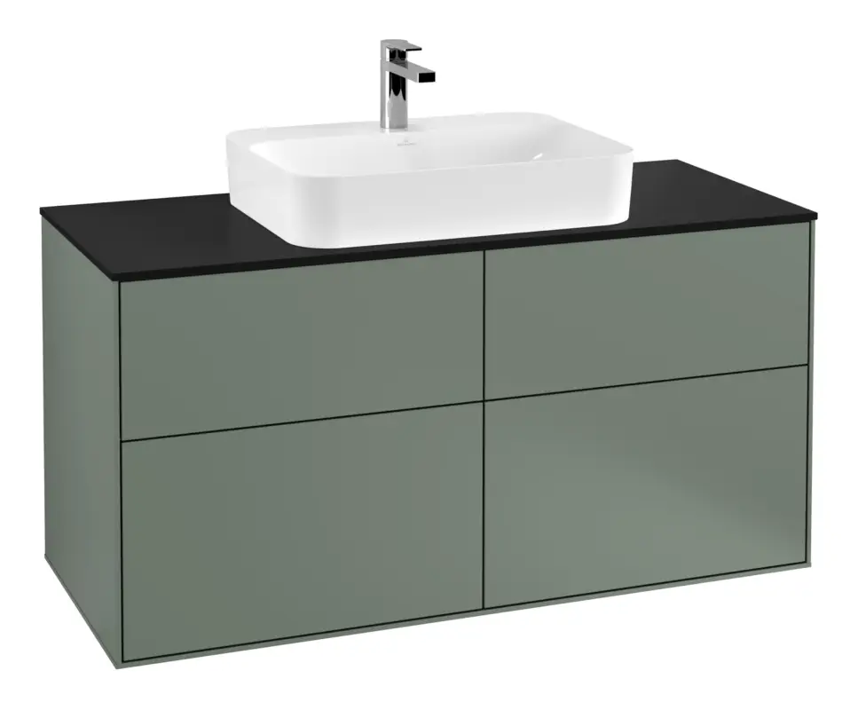 Kracherpreis Villeroy & Boch Finion Waschbeckenunterschrank für Becken mittig ohne Regal für Finion / Memento 2.0 4 Auszüge mit Beleuchtung (2x LED) ohne Hahnloch 1200 x 603 x 501 mm - Olive Matt Lacquer / Glass Black Matt