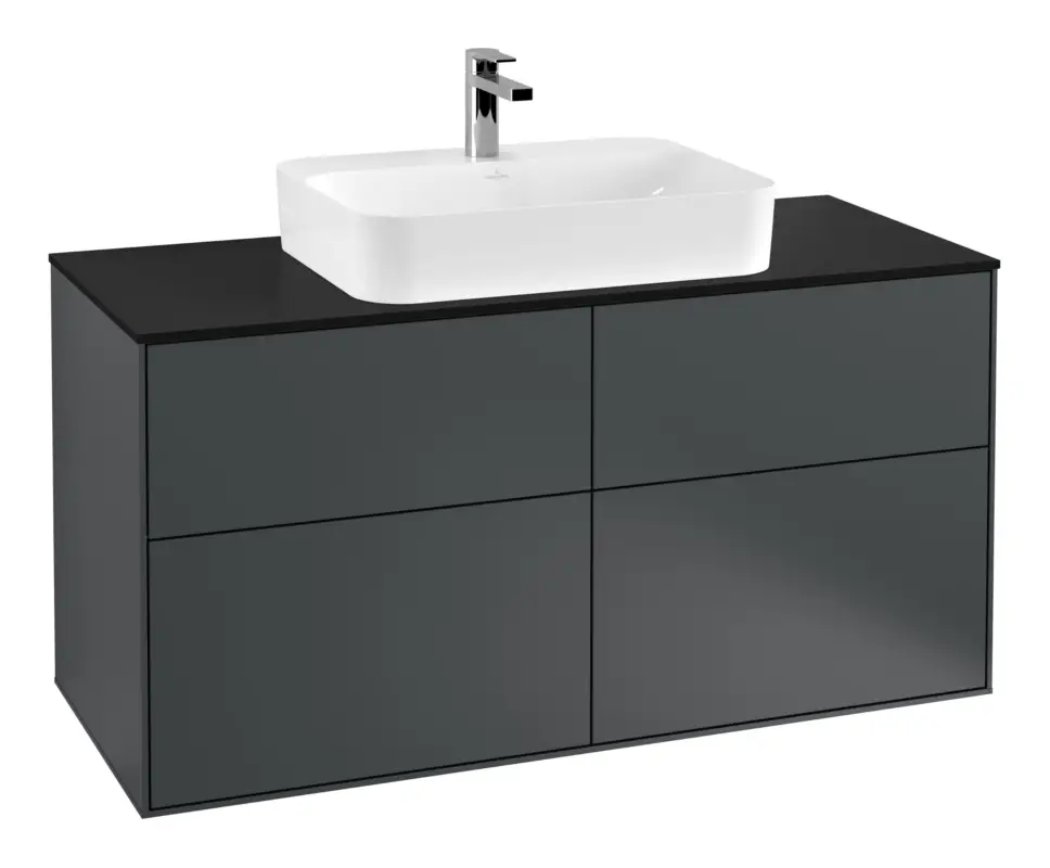Villeroy & Boch Finion Waschbeckenunterschrank für Becken mittig ohne Regal für Finion / Memento 2.0 4 Auszüge mit Beleuchtung (2x LED) ohne Hahnloch 1200 x 603 x 501 mm - Midnight Blue Matt Lacquer / Glass Black Matt Preisknaller