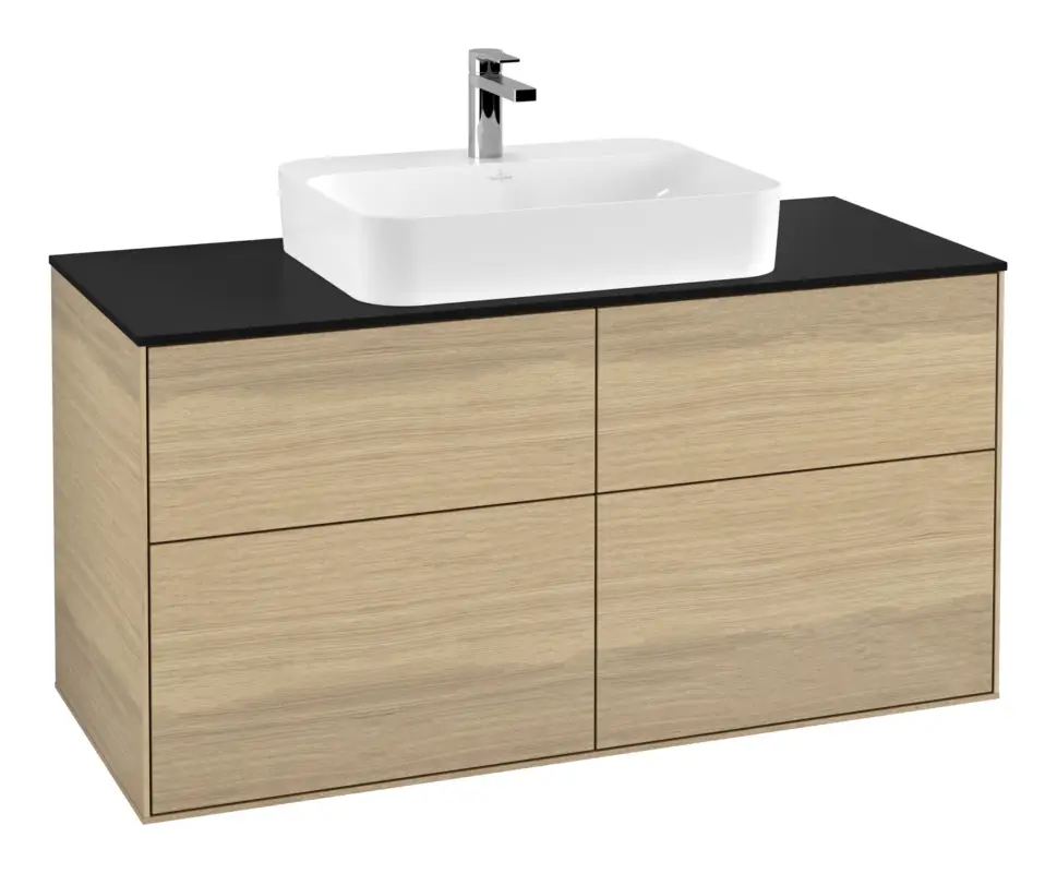 Villeroy & Boch Finion Waschbeckenunterschrank für Becken mittig ohne Regal für Finion / Memento 2.0 4 Auszüge mit Beleuchtung (2x LED) ohne Hahnloch 1200 x 603 x 501 mm - Oak Veneer / Glass Black Matt Angebot