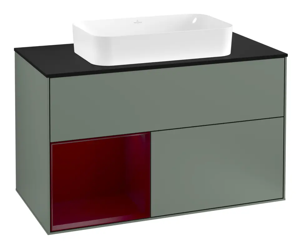 Top-Preis Villeroy & Boch Finion Waschbeckenunterschrank für Becken mittig Regal links für Finion 2 Auszüge mit Beleuchtung (3x LED) mit Hahnloch 1000 x 603 x 501 mm - Olive Matt Lacquer / Peony Matt Lacquer / Glass Black Matt