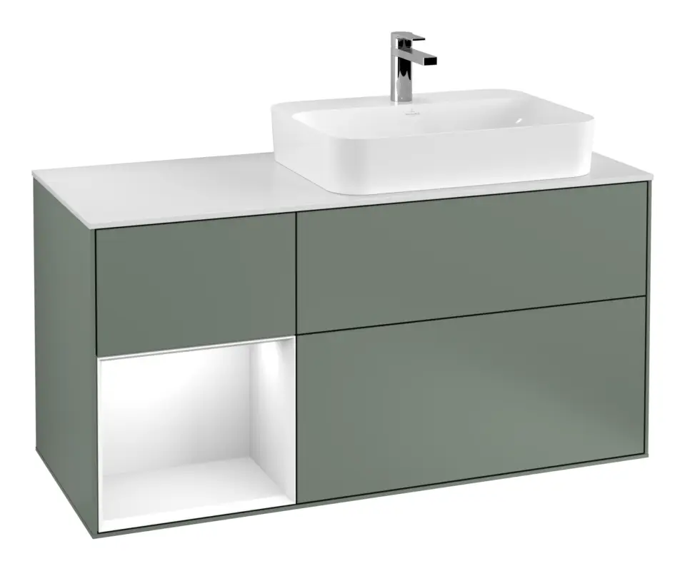 Villeroy & Boch Finion Waschbeckenunterschrank für Aufsatzwaschbecken rechts Regal links für Finion / Memento 2.0 3 Auszüge mit Beleuchtung (3x LED) 1200 x 603 x 501 mm - Olive Matt Lacquer / Glossy White Lacquer / Glass White Matt Jetzt Kaufen