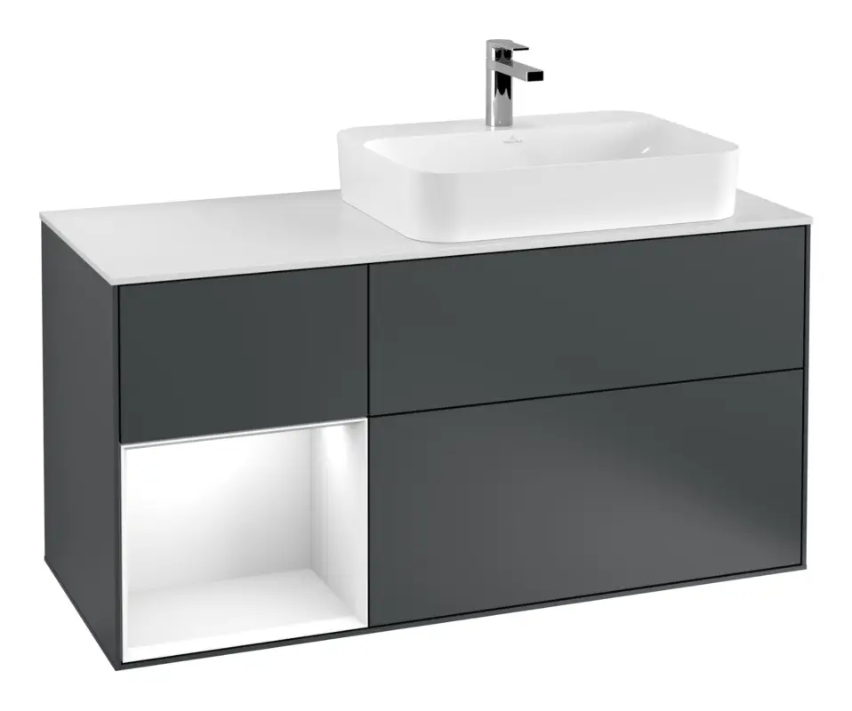 Villeroy & Boch Finion Waschbeckenunterschrank für Aufsatzwaschbecken rechts Regal links für Finion / Memento 2.0 3 Auszüge mit Beleuchtung (3x LED) 1200 x 603 x 501 mm - Midnight Blue Matt Lacquer / Glossy White Lacquer / Glass White Matt Meistverkauft