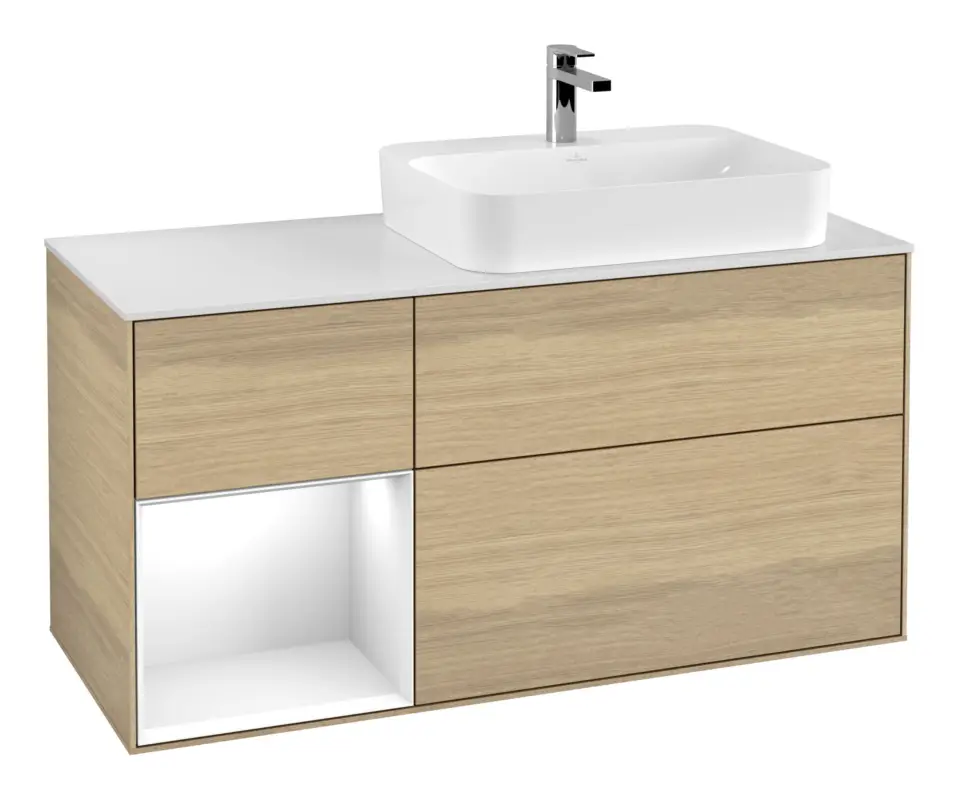 Villeroy & Boch Finion Waschbeckenunterschrank für Aufsatzwaschbecken rechts Regal links für Finion / Memento 2.0 3 Auszüge mit Beleuchtung (3x LED) 1200 x 603 x 501 mm - Oak Veneer / Glossy White Lacquer / Glass White Matt Neue Kollektion