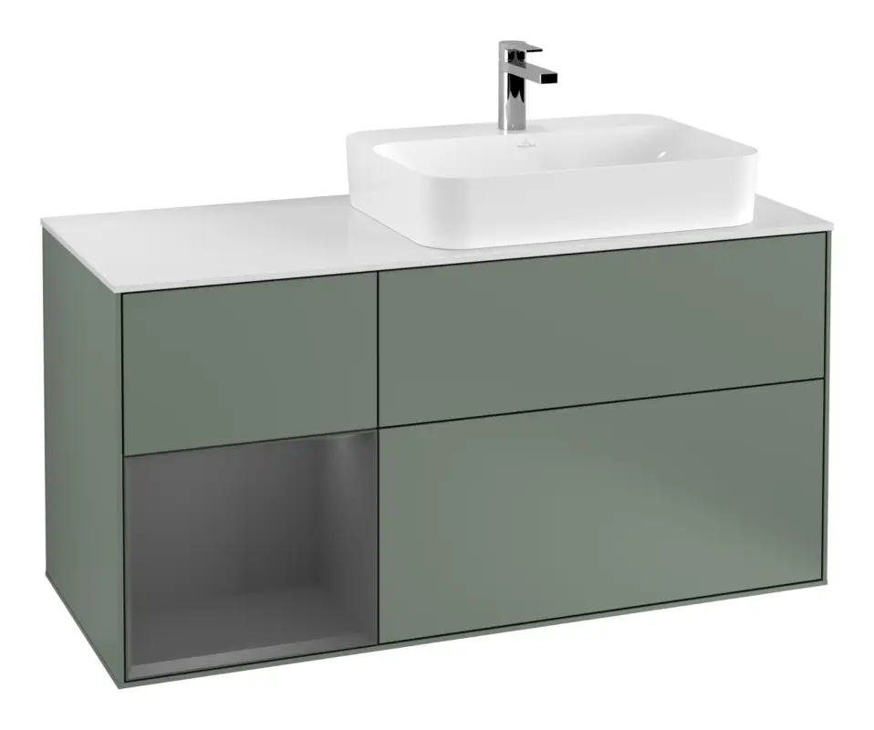 Villeroy & Boch Finion Waschbeckenunterschrank für Aufsatzwaschbecken rechts Regal links für Finion / Memento 2.0 3 Auszüge mit Beleuchtung (3x LED) 1200 x 603 x 501 mm - Olive Matt Lacquer / Anthracite Matt Lacquer / Glass White Matt Preis Gesenkt