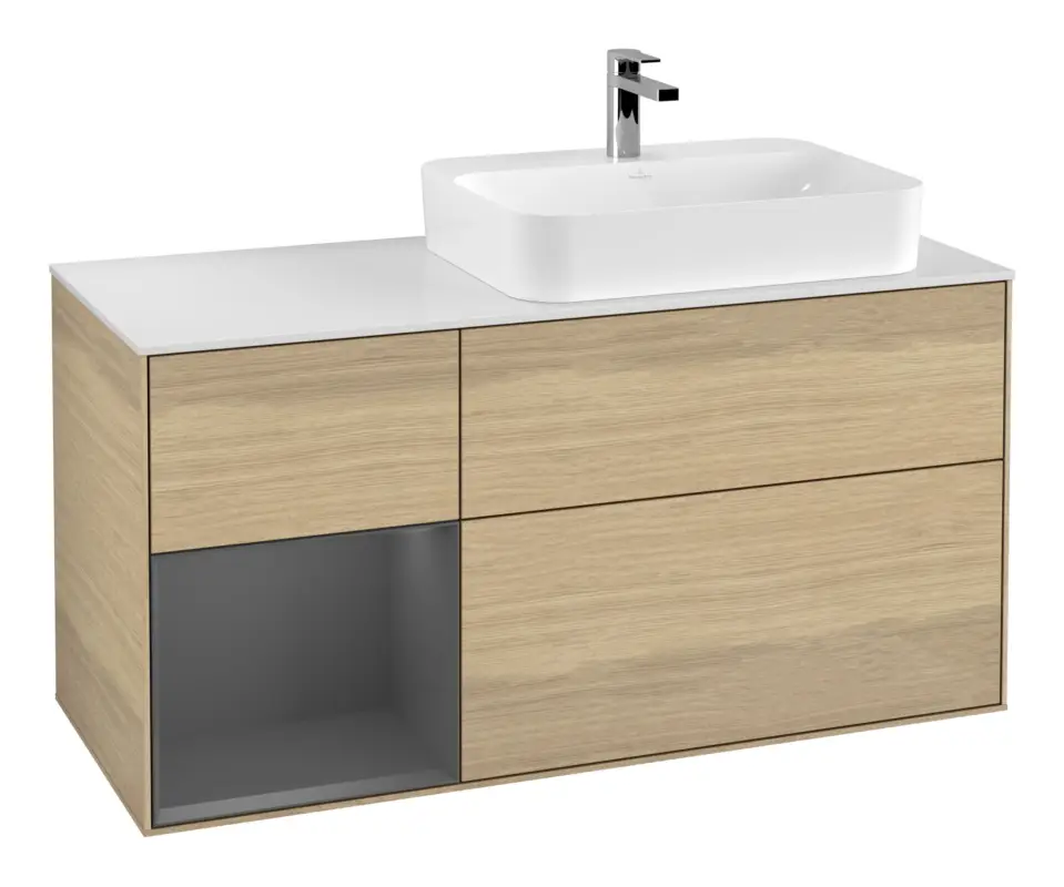 Villeroy & Boch Finion Waschbeckenunterschrank für Aufsatzwaschbecken rechts Regal links für Finion / Memento 2.0 3 Auszüge mit Beleuchtung (3x LED) 1200 x 603 x 501 mm - Oak Veneer / Anthracite Matt Lacquer / Glass White Matt Finale Aktion