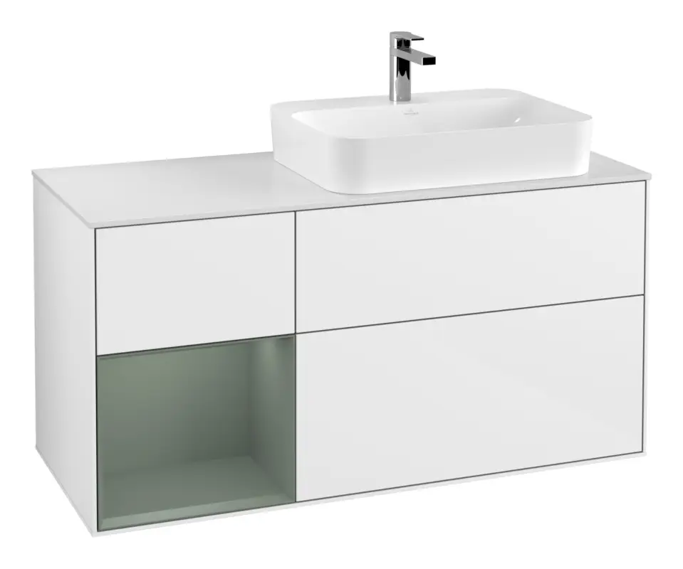 Villeroy & Boch Finion Waschbeckenunterschrank für Aufsatzwaschbecken rechts Regal links für Finion / Memento 2.0 3 Auszüge mit Beleuchtung (3x LED) 1200 x 603 x 501 mm - Glossy White Lacquer / Olive Matt Lacquer / Glass White Matt Sonderangebot