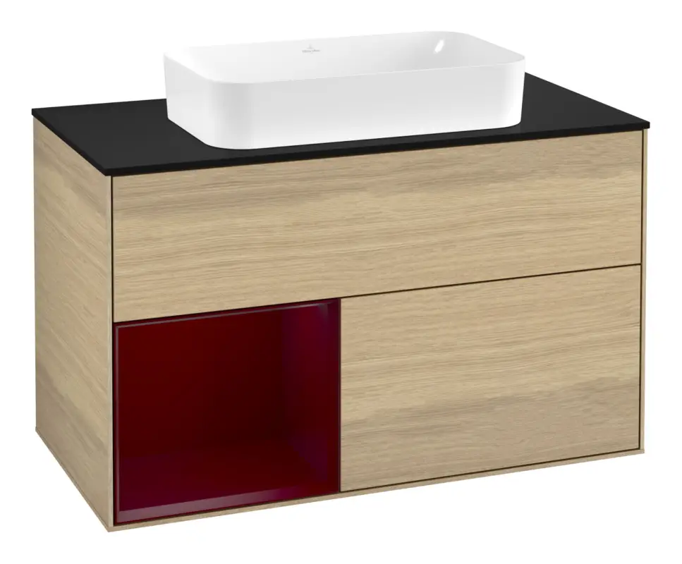 Villeroy & Boch Finion Waschbeckenunterschrank für Becken mittig Regal links für Finion 2 Auszüge mit Beleuchtung (3x LED) mit Hahnloch 1000 x 603 x 501 mm - Oak Veneer / Peony Matt Lacquer / Glass Black Matt Bestseller