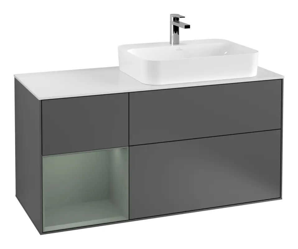Sofort Bestellen Villeroy & Boch Finion Waschbeckenunterschrank für Aufsatzwaschbecken rechts Regal links für Finion / Memento 2.0 3 Auszüge mit Beleuchtung (3x LED) 1200 x 603 x 501 mm - Anthracite Matt Lacquer / Olive Matt Lacquer / Glass White Matt
