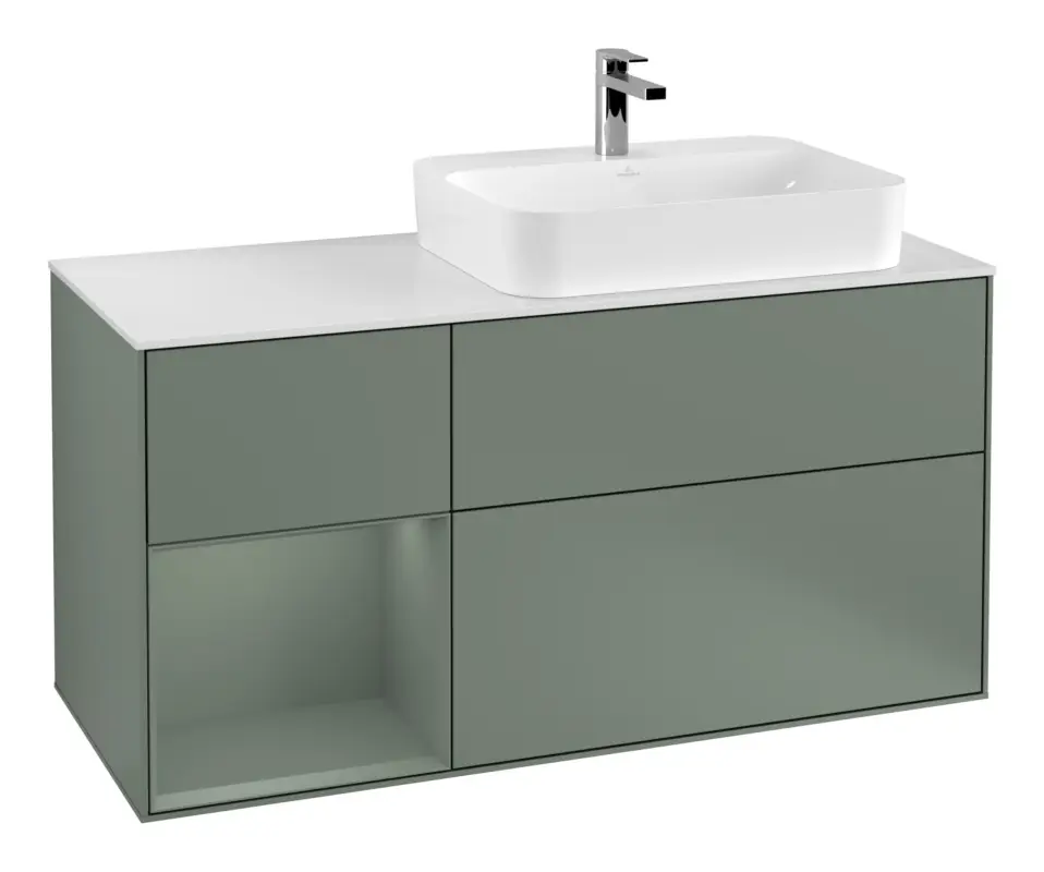Villeroy & Boch Finion Waschbeckenunterschrank für Aufsatzwaschbecken rechts Regal links für Finion / Memento 2.0 3 Auszüge mit Beleuchtung (3x LED) 1200 x 603 x 501 mm - Olive Matt Lacquer / Glass White Matt Geprüft