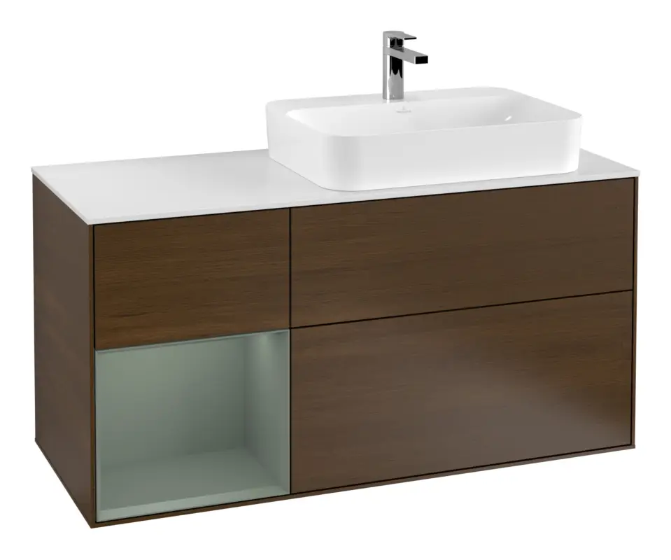 Villeroy & Boch Finion Waschbeckenunterschrank für Aufsatzwaschbecken rechts Regal links für Finion / Memento 2.0 3 Auszüge mit Beleuchtung (3x LED) 1200 x 603 x 501 mm - Walnut Veneer / Olive Matt Lacquer / Glass White Matt Preiswert